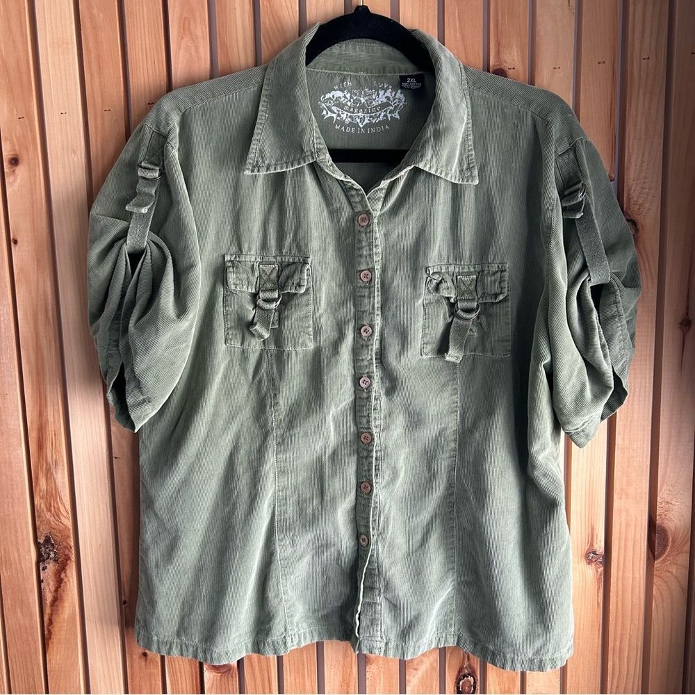 Vintage Army Green Short Sleeve Roll Tab Corduroy Button Front Top 2XL Safari